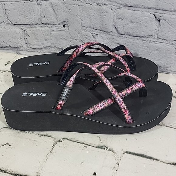 Teva Mandalyn Ola Wedge Sandals Black Pink US 10 Womens Platform Flip-Flops New - Picture 5 of 8